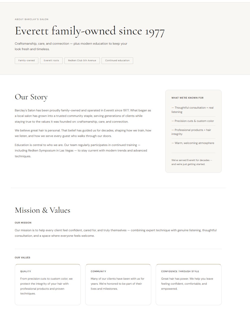 Barclay's Salon new About page — clean modern design, family-owned story, values section
