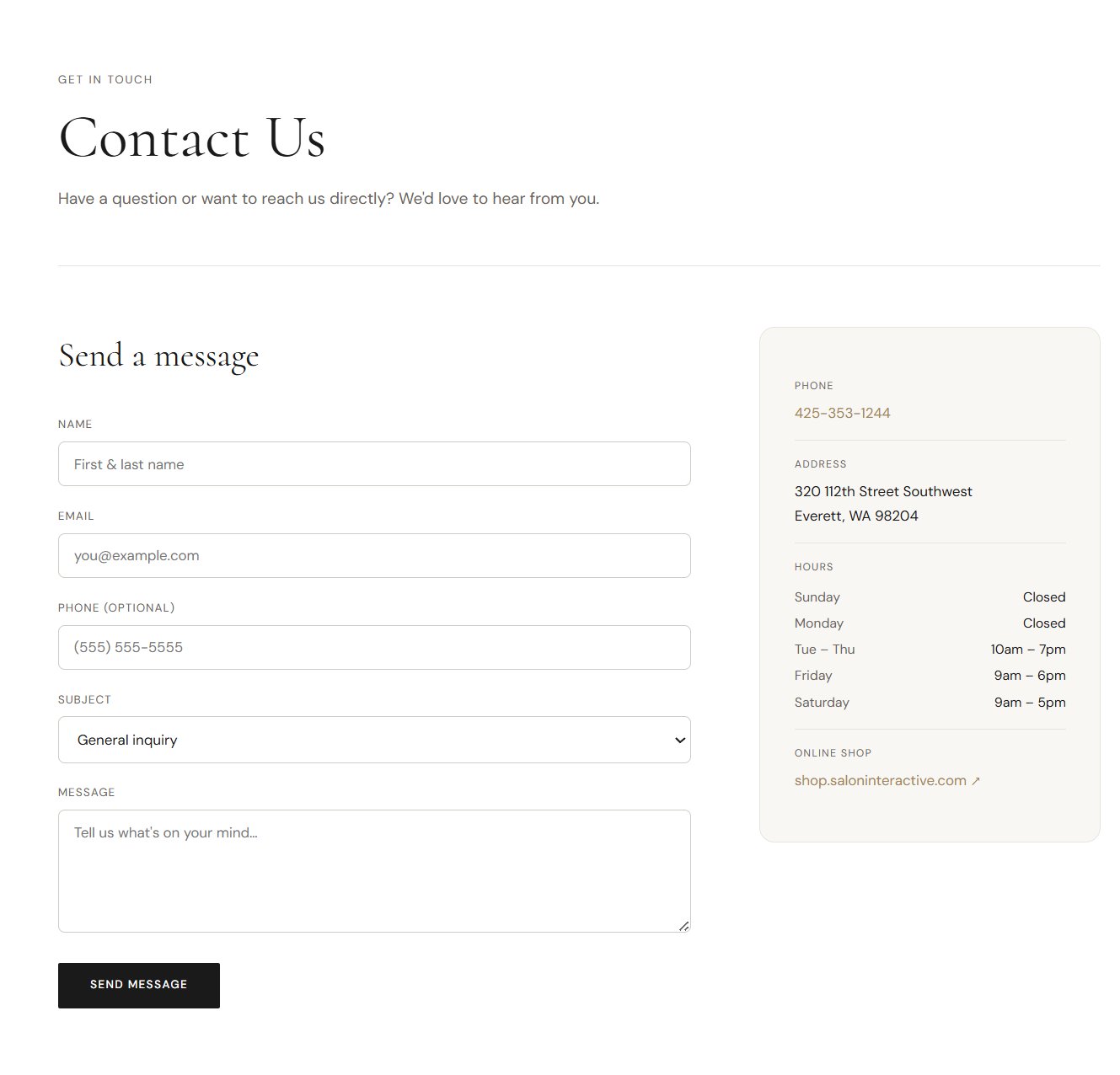 Barclay's Salon new Contact page — clear form, business hours, phone number, address