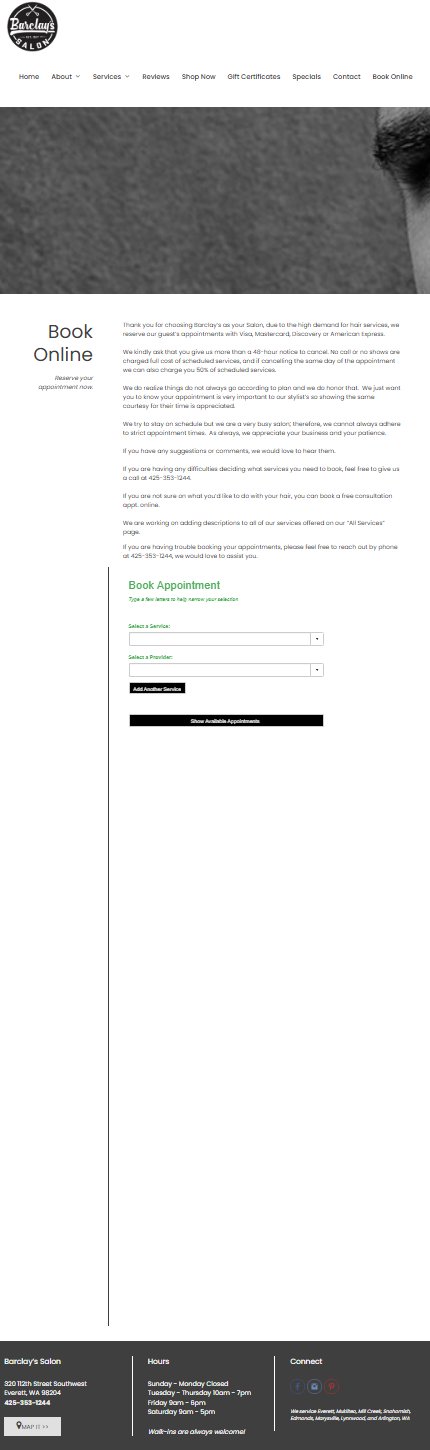 Barclay's Salon old booking page — outdated WordPress design with no online scheduling