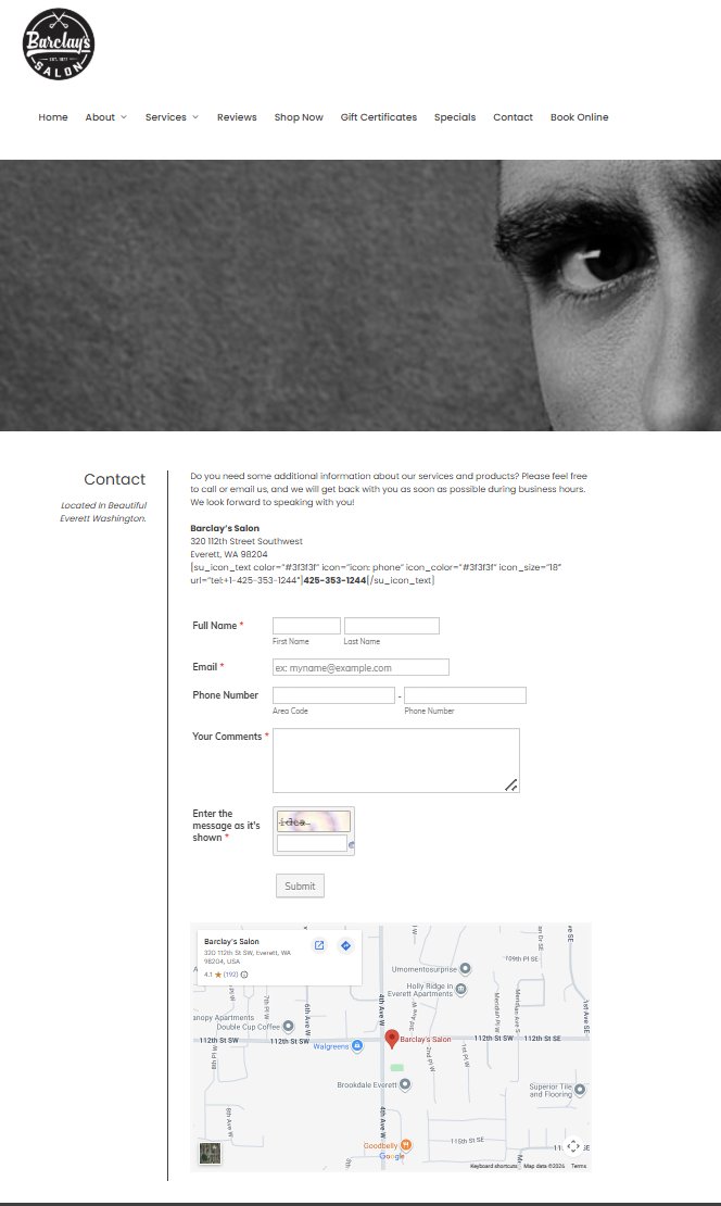 Barclay's Salon old contact page — cluttered layout with broken shortcode visible