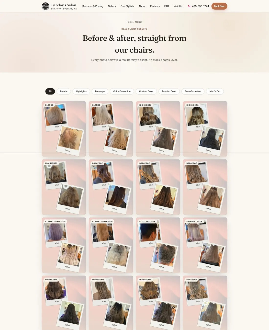 Barclay's Salon gallery page showing a grid of real client before and after hair photos with style filters