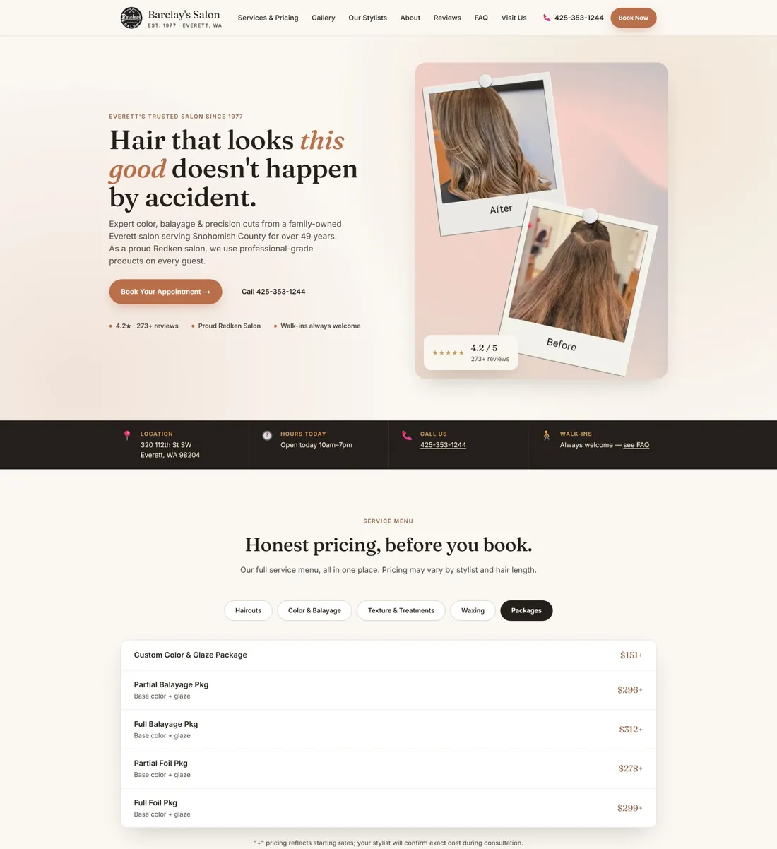 Barclay's Salon new homepage: warm hero with before and after photos, star rating, Book Your Appointment button, and a services and pricing menu