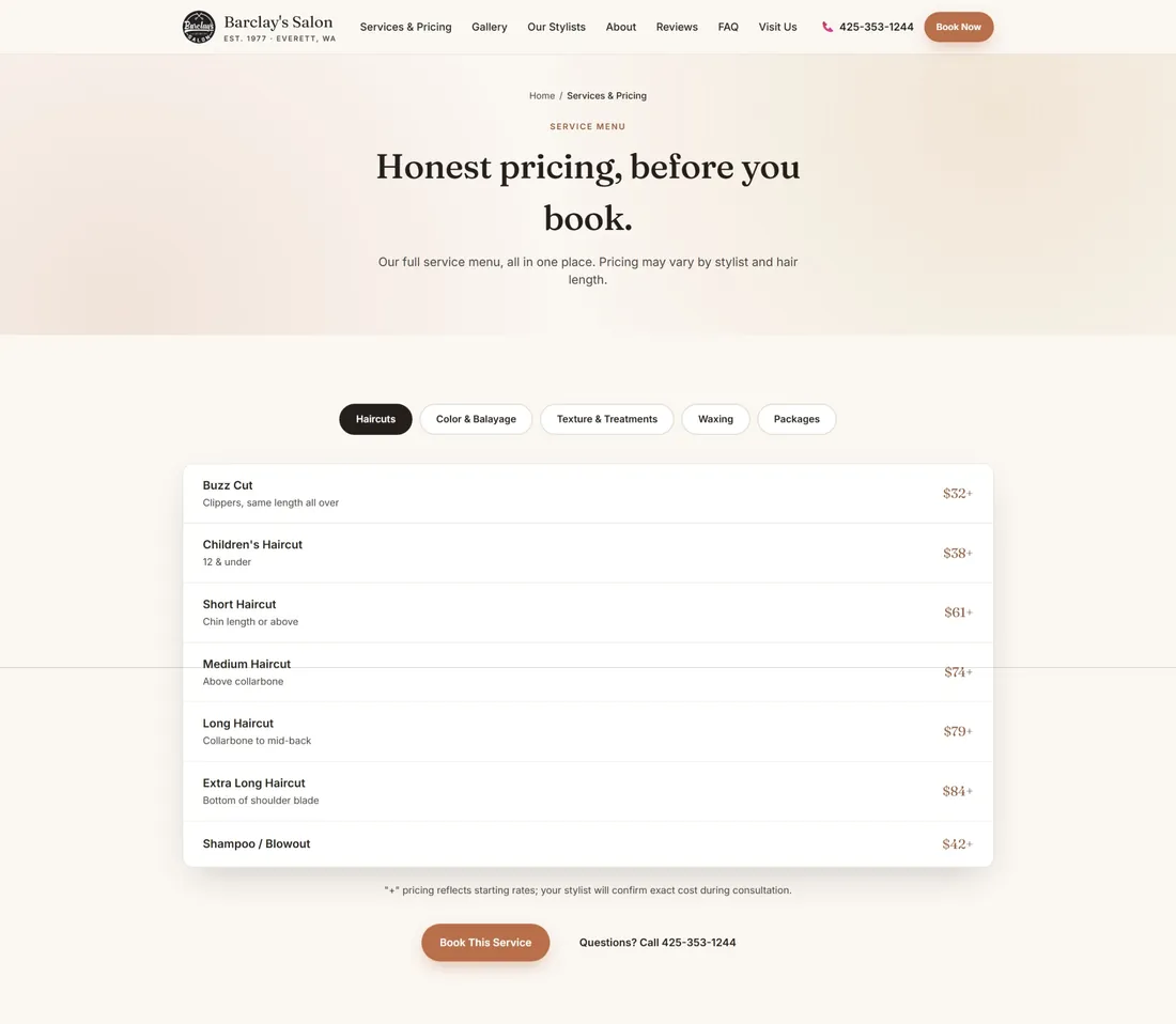 Barclay's Salon new Services and Pricing page with tabs for haircuts, color, texture, waxing and packages, each with a clear starting price