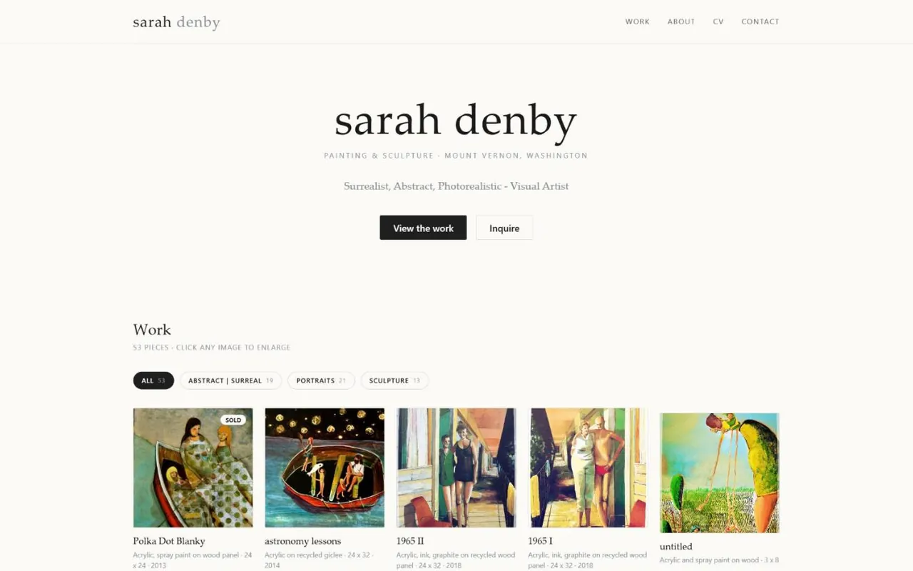 Sarah Denby artist portfolio website with a filterable gallery of paintings and sculpture