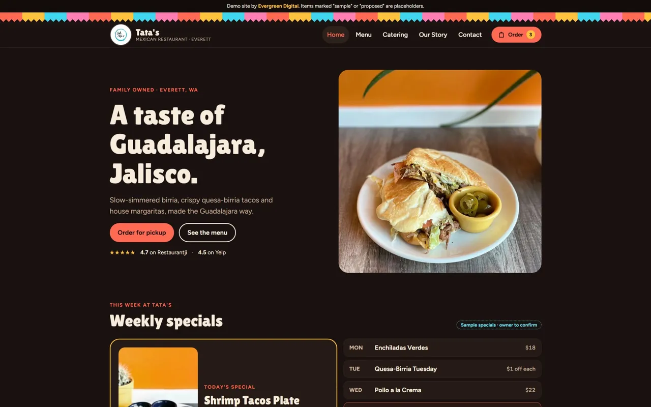 Tata's Mexican Restaurant demo website with weekly specials, menu and online ordering