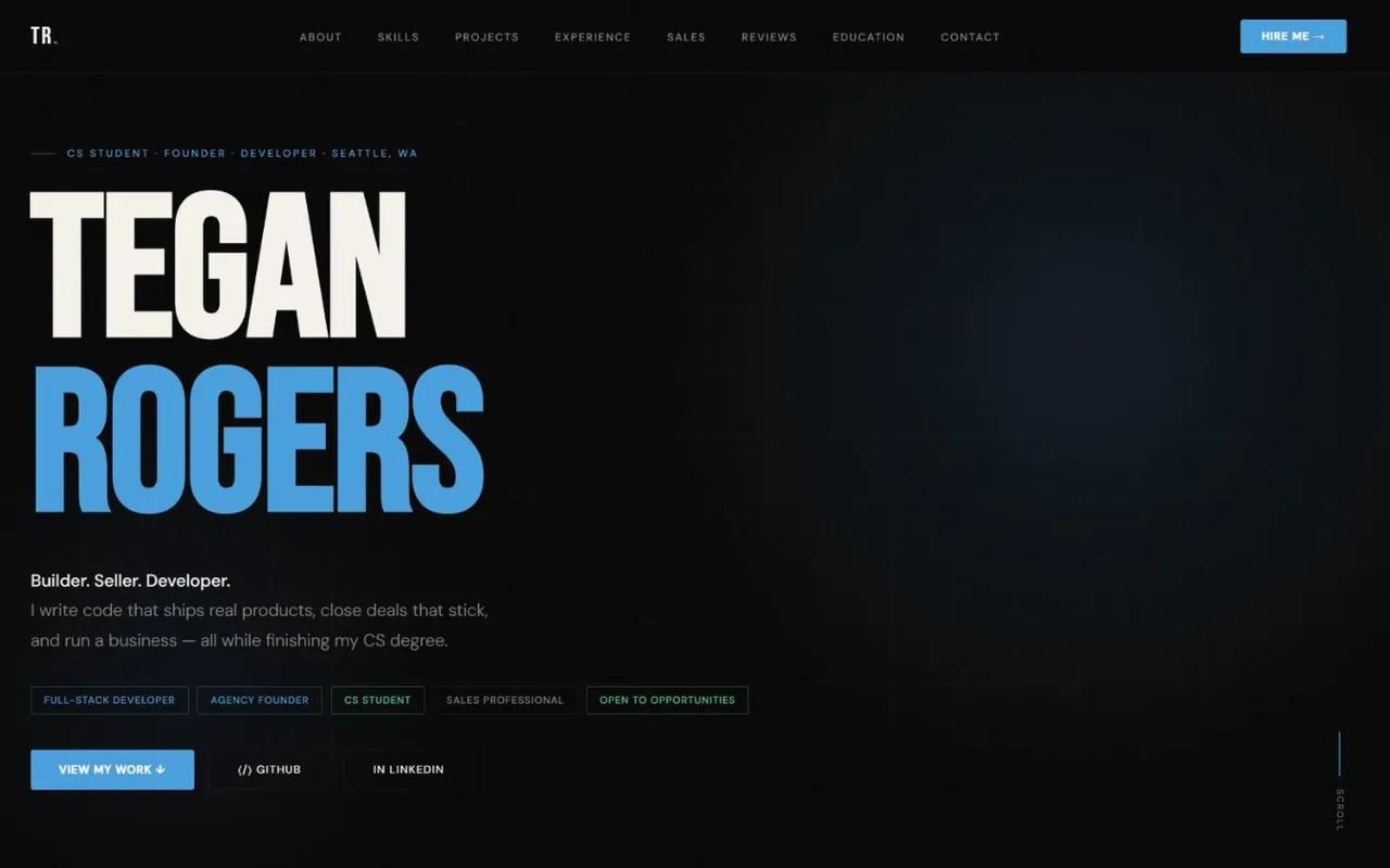Tegan Rogers personal portfolio website, dark design with large name headline